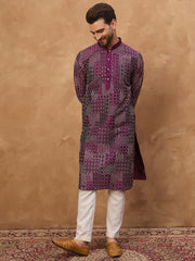 Ethnic Bay Men Purple Silk Blend Geometric Printed Straight Kurta-MKU1529
