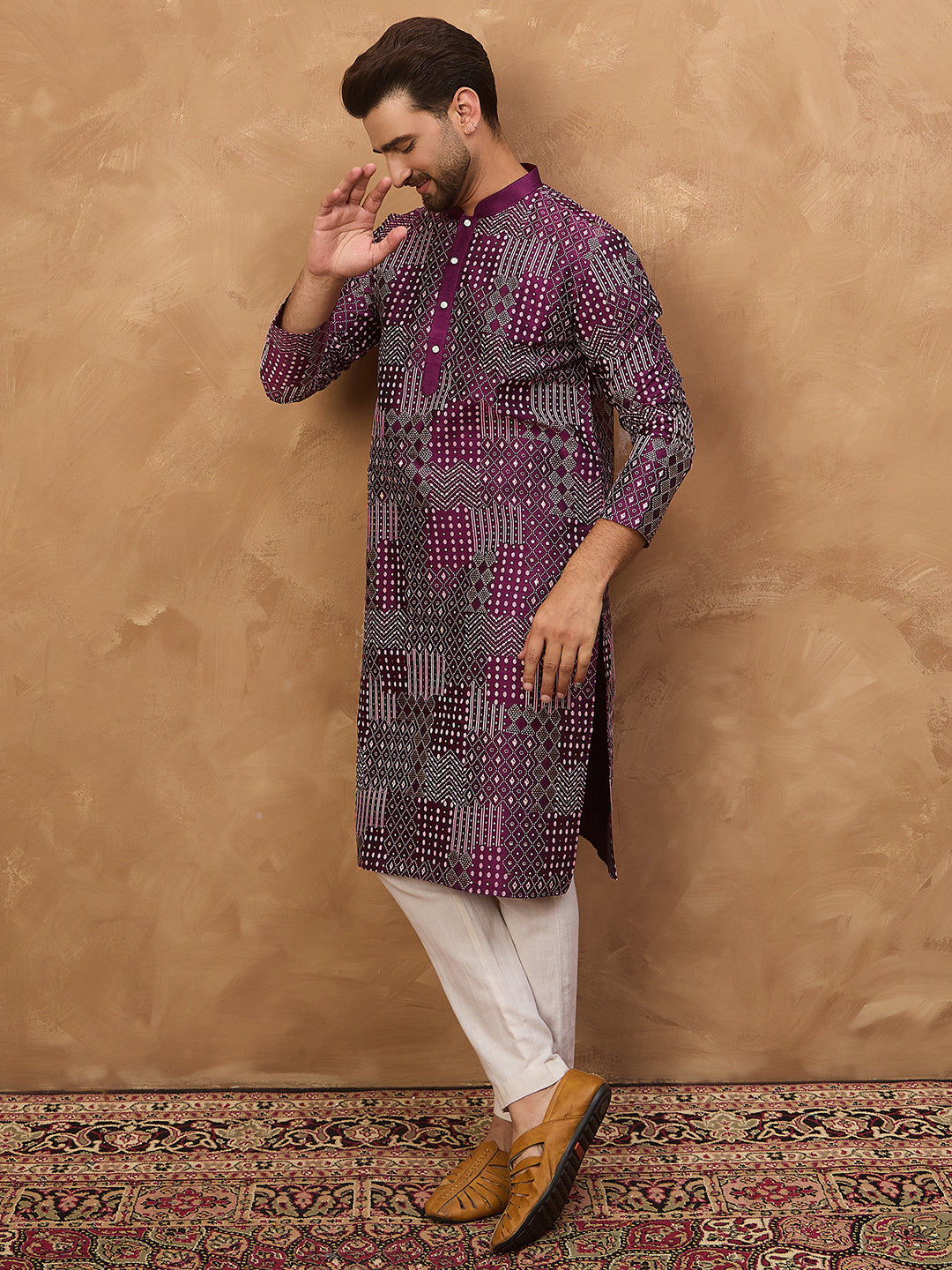Ethnic Bay Men Purple Silk Blend Geometric Printed Straight Kurta-MKU1529