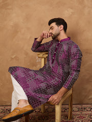 Ethnic Bay Men Purple Silk Blend Geometric Printed Straight Kurta-MKU1529