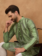 Ethnic Bay Men Green Silk Blend Geometric Printed Straight Kurta-MKU1530