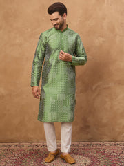 Ethnic Bay Men Green Silk Blend Geometric Printed Straight Kurta-MKU1530