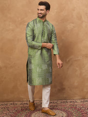 Ethnic Bay Men Green Silk Blend Geometric Printed Straight Kurta-MKU1530