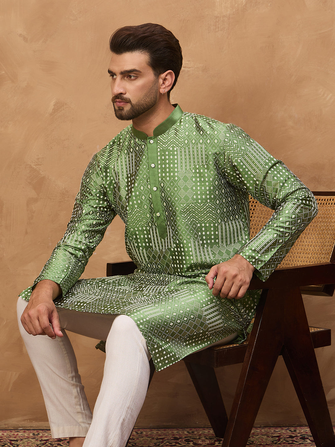 Ethnic Bay Men Green Silk Blend Geometric Printed Straight Kurta-MKU1530