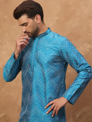 Ethnic Bay Men Blue Silk Blend Geometric Printed Straight Kurta-MKU1531