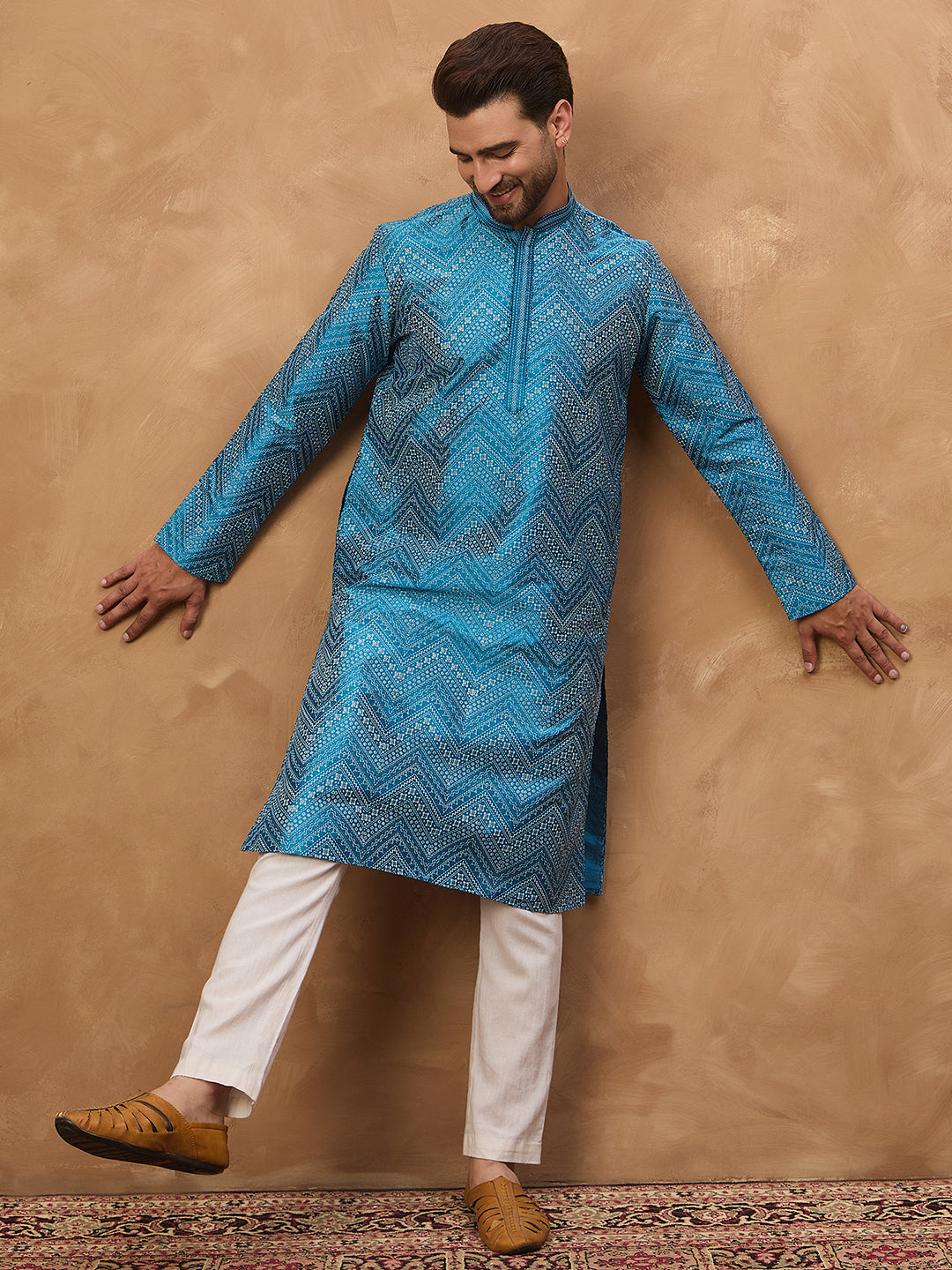 Ethnic Bay Men Blue Silk Blend Geometric Printed Straight Kurta-MKU1531