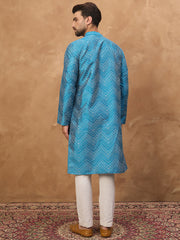 Ethnic Bay Men Blue Silk Blend Geometric Printed Straight Kurta-MKU1531