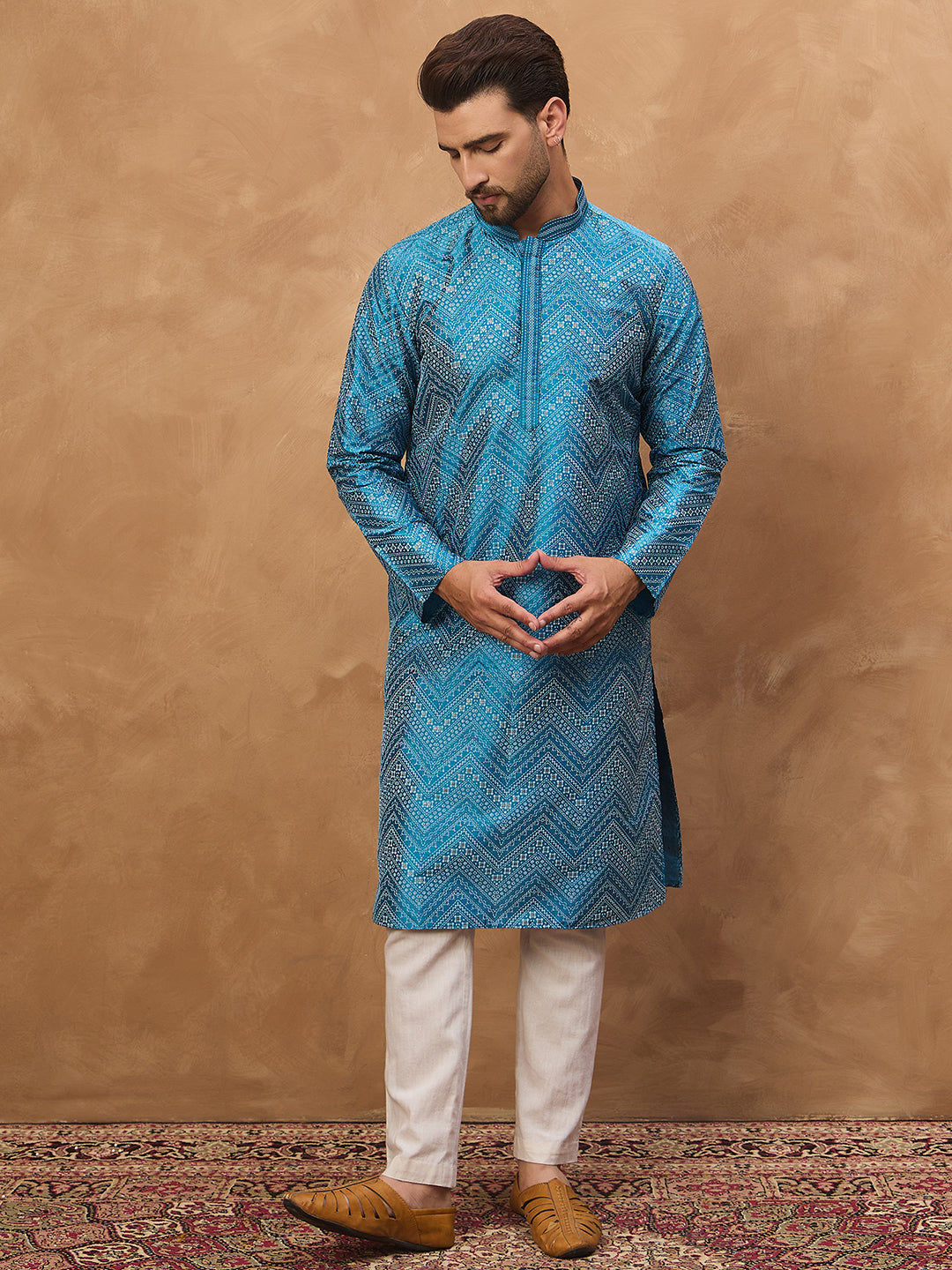 Ethnic Bay Men Blue Silk Blend Geometric Printed Straight Kurta-MKU1531