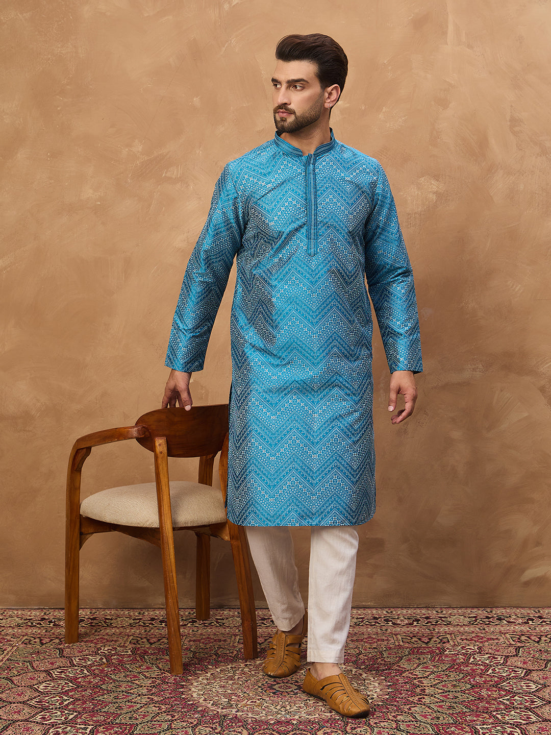 Ethnic Bay Men Blue Silk Blend Geometric Printed Straight Kurta-MKU1531