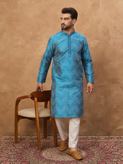 Ethnic Bay Men Blue Silk Blend Geometric Printed Straight Kurta-MKU1531