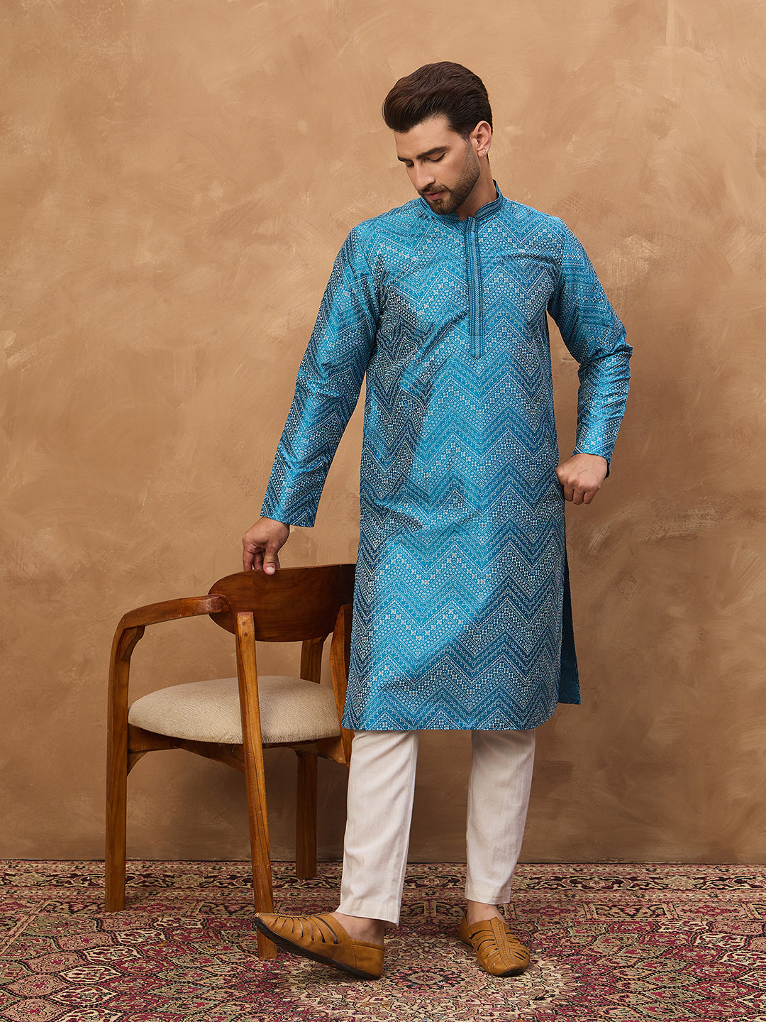 Ethnic Bay Men Blue Silk Blend Geometric Printed Straight Kurta-MKU1531