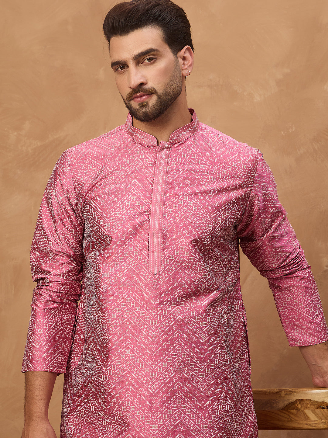 Ethnic Bay Men Pink Silk Blend Geometric Printed Straight Kurta-MKU1532