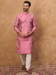 Ethnic Bay Men Pink Silk Blend Geometric Printed Straight Kurta-MKU1532