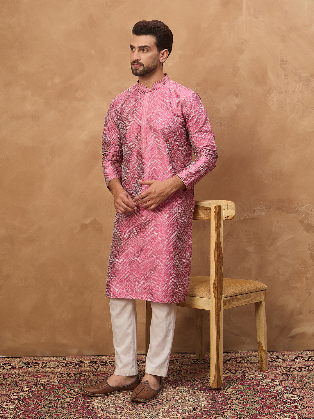 Ethnic Bay Men Pink Silk Blend Geometric Printed Straight Kurta-MKU1532