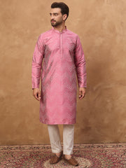Ethnic Bay Men Pink Silk Blend Geometric Printed Straight Kurta-MKU1532