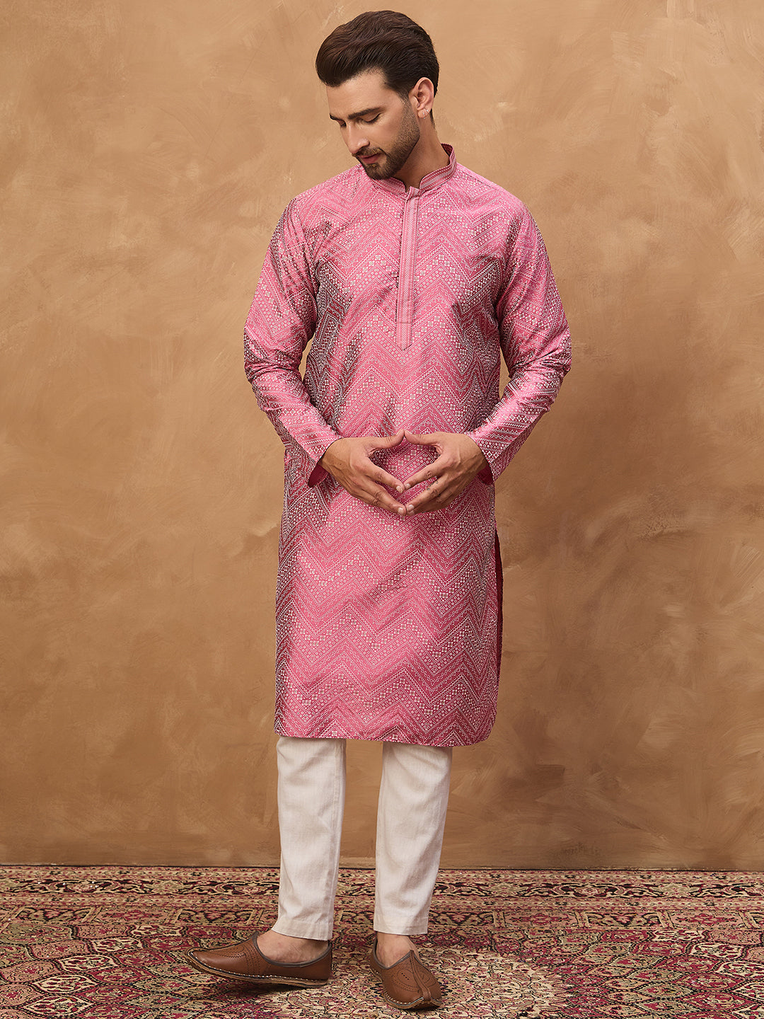 Ethnic Bay Men Pink Silk Blend Geometric Printed Straight Kurta-MKU1532