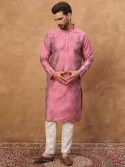 Ethnic Bay Men Pink Silk Blend Geometric Printed Straight Kurta-MKU1532