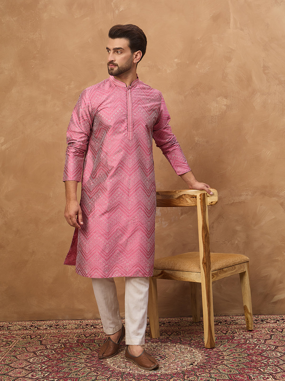 Ethnic Bay Men Pink Silk Blend Geometric Printed Straight Kurta-MKU1532