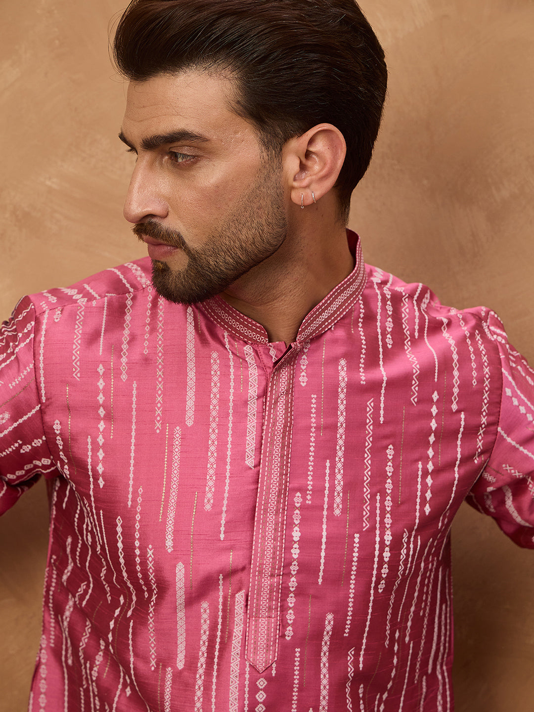 Ethnic Bay Men Pink Silk Blend Geometric Printed Straight Kurta-MKU1533