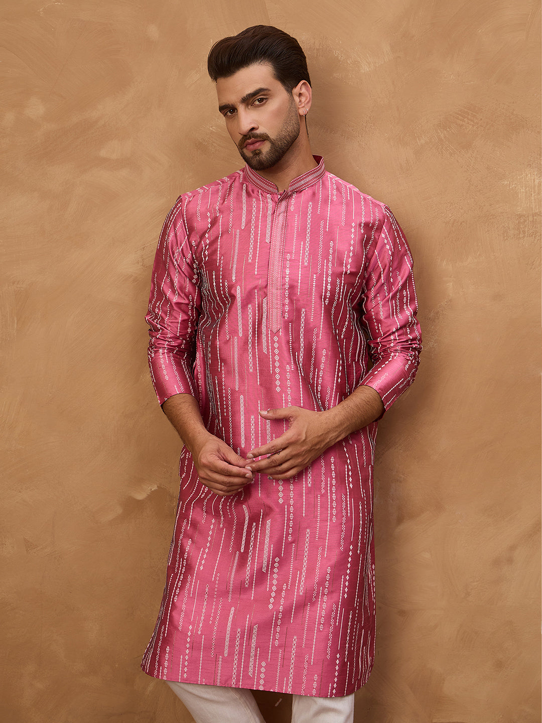 Ethnic Bay Men Pink Silk Blend Geometric Printed Straight Kurta-MKU1533