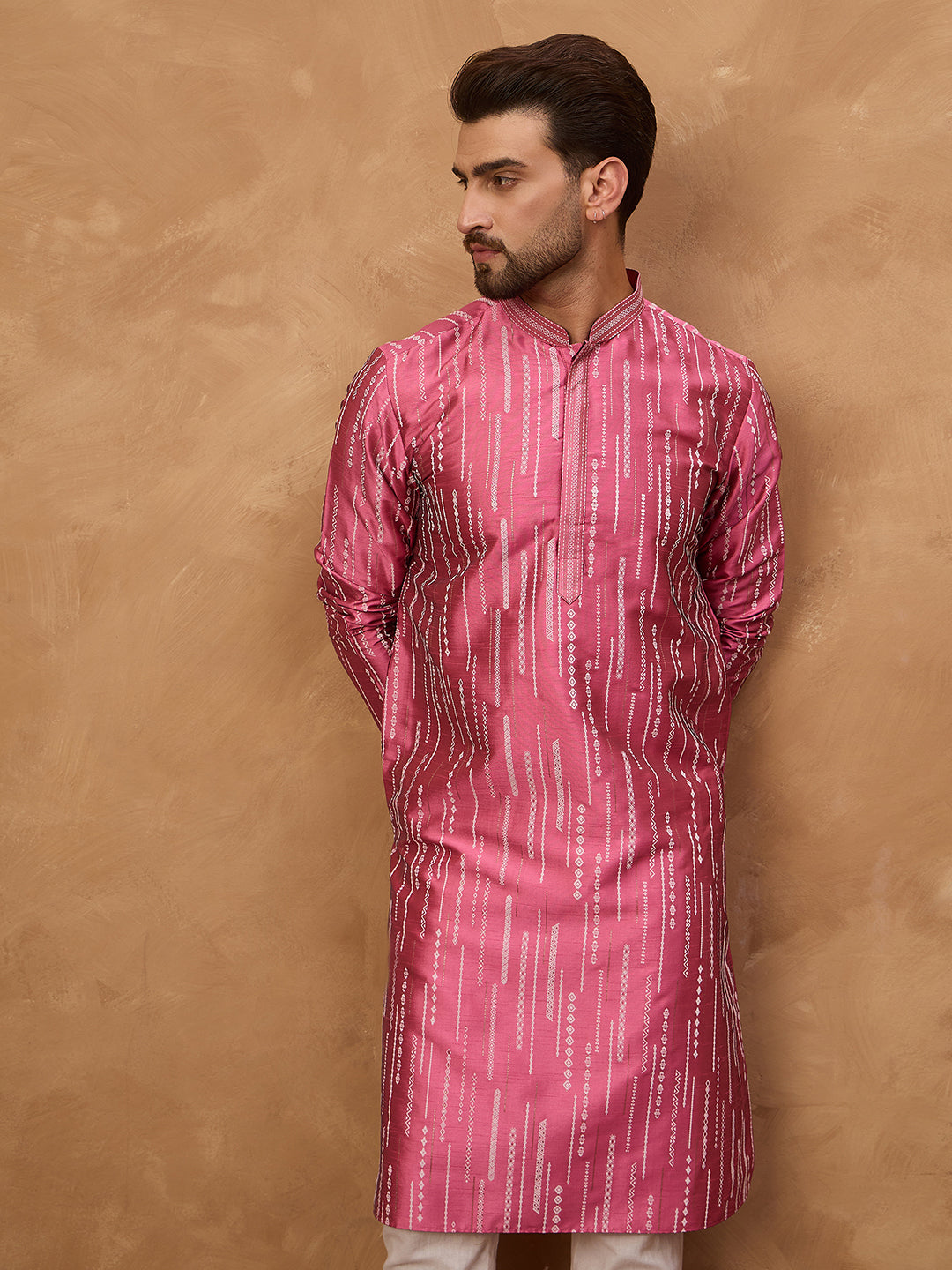 Ethnic Bay Men Pink Silk Blend Geometric Printed Straight Kurta-MKU1533