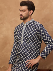Ethnic Bay Men Blue Viscose Rayon Shibori Embroidered Straight Kurta-MKU1534