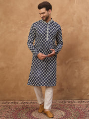 Ethnic Bay Men Blue Viscose Rayon Shibori Embroidered Straight Kurta-MKU1534