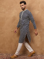 Ethnic Bay Men Blue Viscose Rayon Shibori Embroidered Straight Kurta-MKU1534