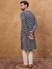 Ethnic Bay Men Blue Viscose Rayon Shibori Embroidered Straight Kurta-MKU1534
