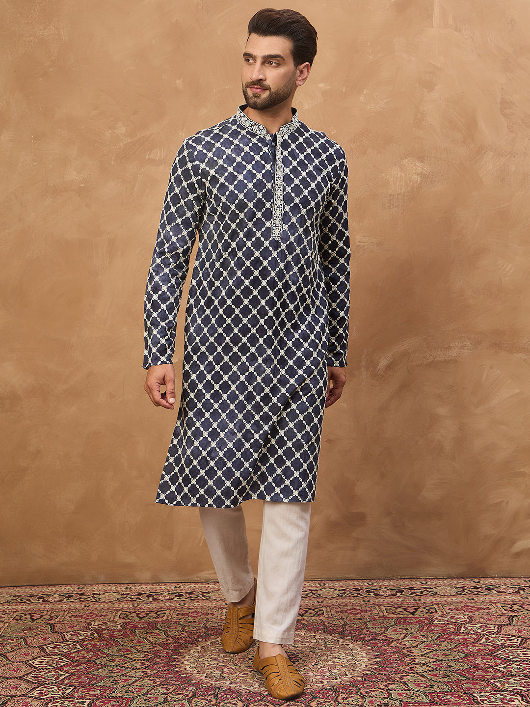 Ethnic Bay Men Blue Viscose Rayon Shibori Embroidered Straight Kurta-MKU1534