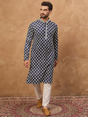 Ethnic Bay Men Blue Viscose Rayon Shibori Embroidered Straight Kurta-MKU1534