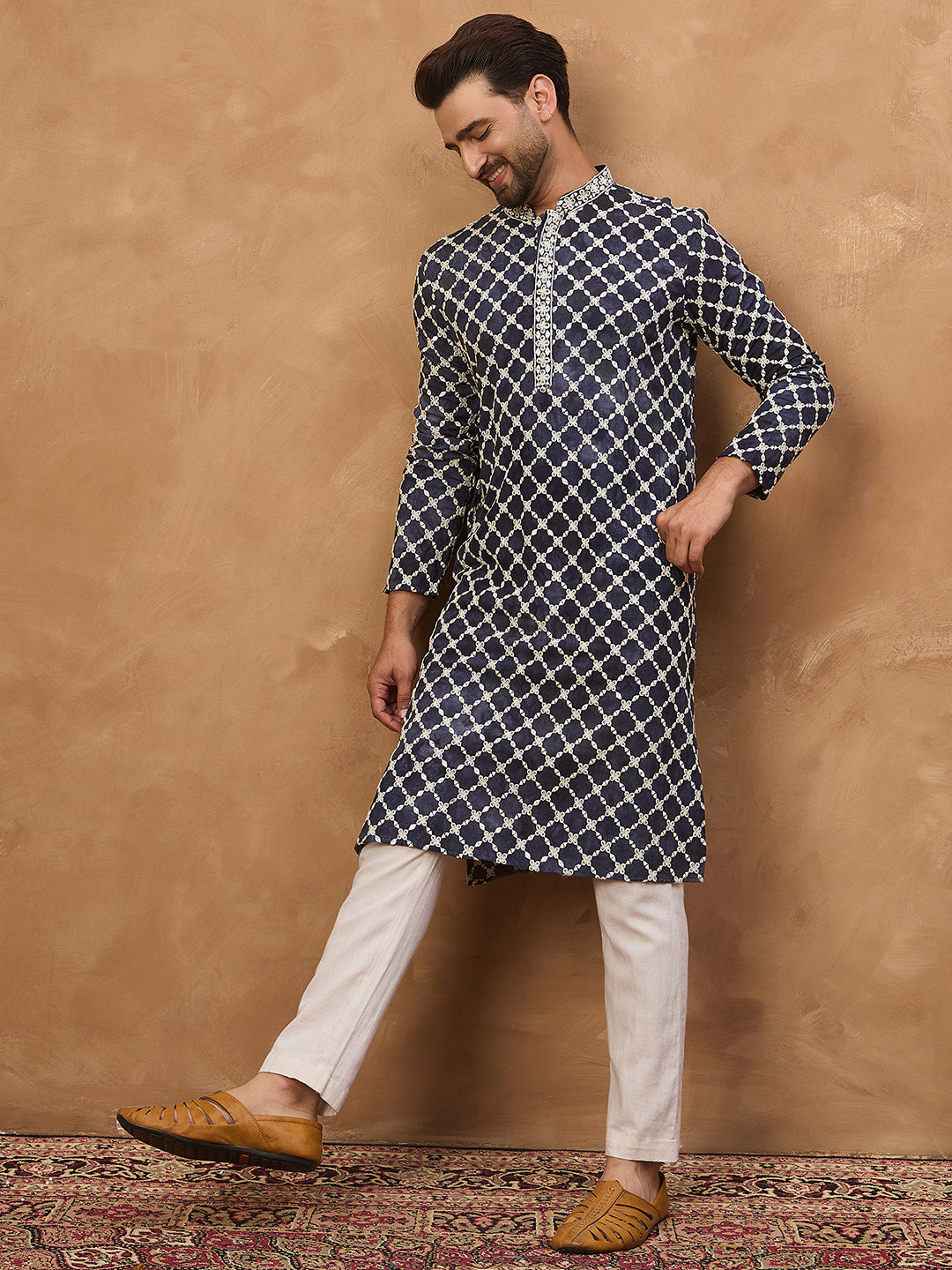 Ethnic Bay Men Blue Viscose Rayon Shibori Embroidered Straight Kurta-MKU1534