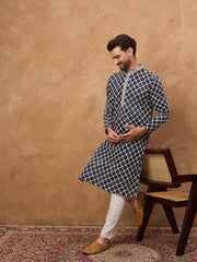 Ethnic Bay Men Blue Viscose Rayon Shibori Embroidered Straight Kurta-MKU1534