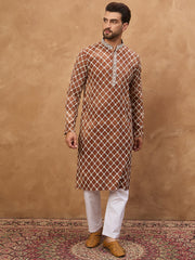 Ethnic Bay Men Brown Viscose Rayon Solid Embroidered Straight Kurta-MKU1535