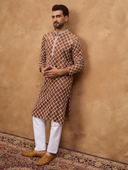 Ethnic Bay Men Brown Viscose Rayon Solid Embroidered Straight Kurta-MKU1535