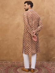 Ethnic Bay Men Brown Viscose Rayon Solid Embroidered Straight Kurta-MKU1535