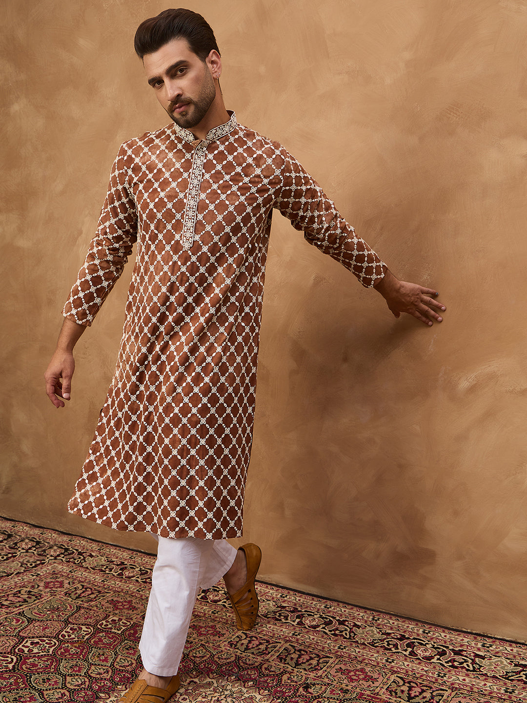 Ethnic Bay Men Brown Viscose Rayon Solid Embroidered Straight Kurta-MKU1535
