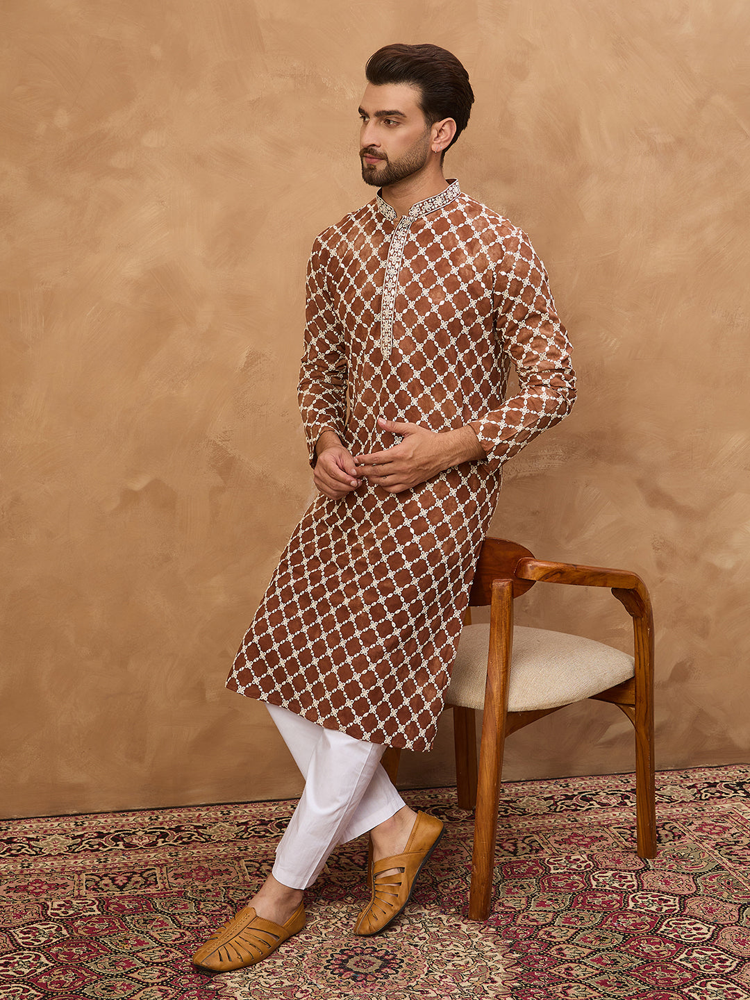 Ethnic Bay Men Brown Viscose Rayon Solid Embroidered Straight Kurta-MKU1535