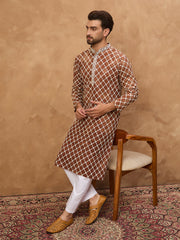 Ethnic Bay Men Brown Viscose Rayon Solid Embroidered Straight Kurta-MKU1535