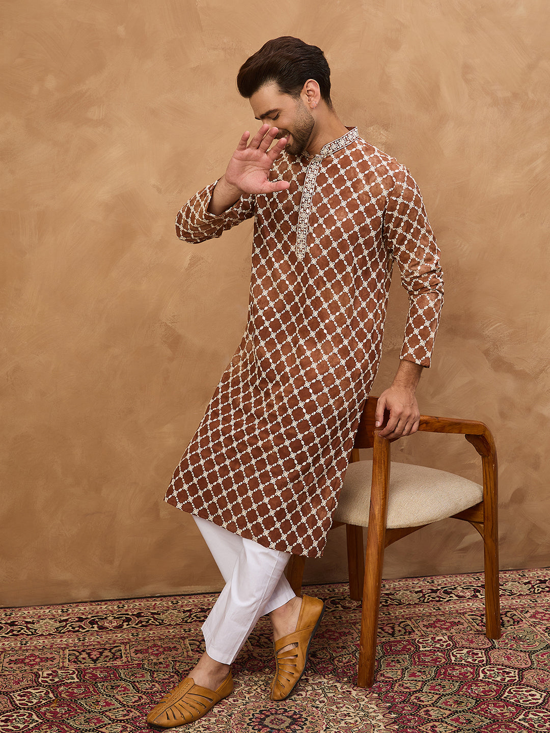 Ethnic Bay Men Brown Viscose Rayon Solid Embroidered Straight Kurta-MKU1535