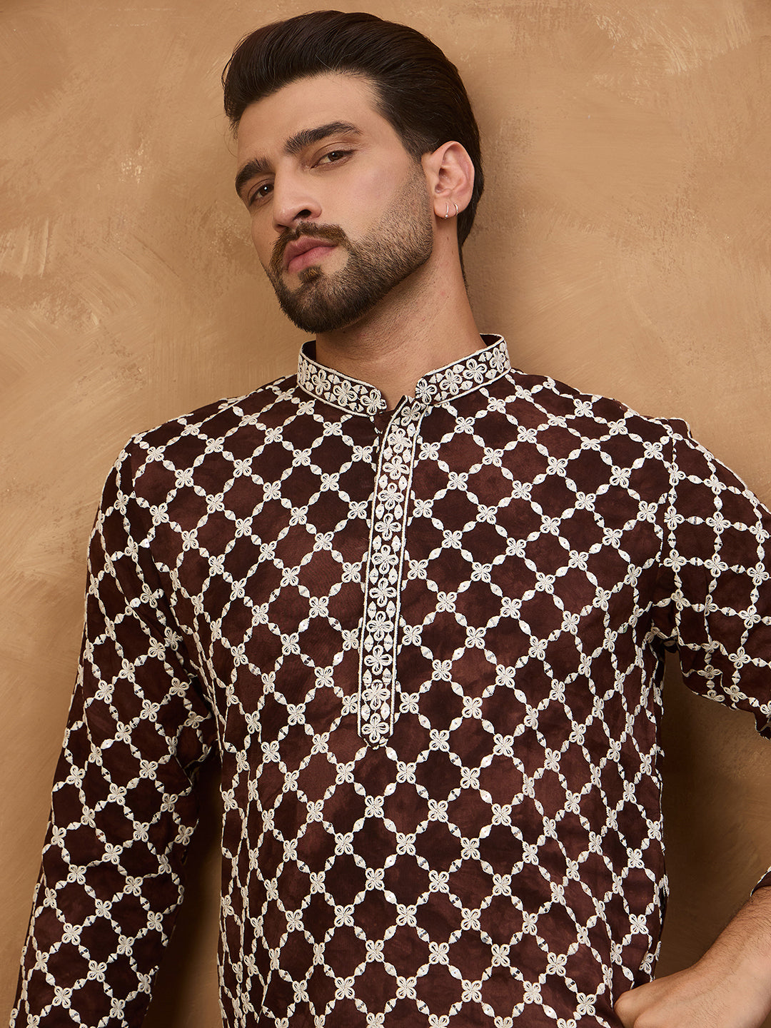 Ethnic Bay Men Brown Viscose Rayon Solid Embroidered Straight Kurta-MKU1536