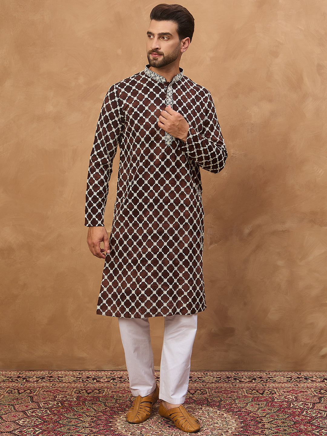 Ethnic Bay Men Brown Viscose Rayon Solid Embroidered Straight Kurta-MKU1536