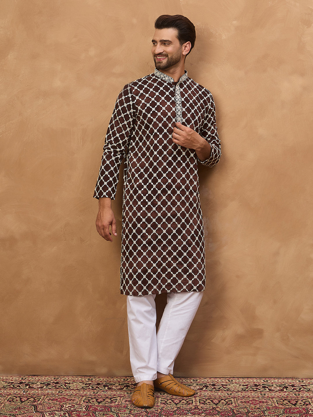Ethnic Bay Men Brown Viscose Rayon Solid Embroidered Straight Kurta-MKU1536