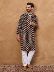 Ethnic Bay Men Brown Viscose Rayon Solid Embroidered Straight Kurta-MKU1536