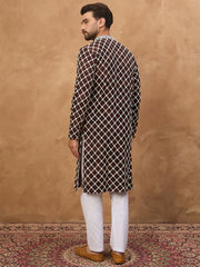 Ethnic Bay Men Brown Viscose Rayon Solid Embroidered Straight Kurta-MKU1536