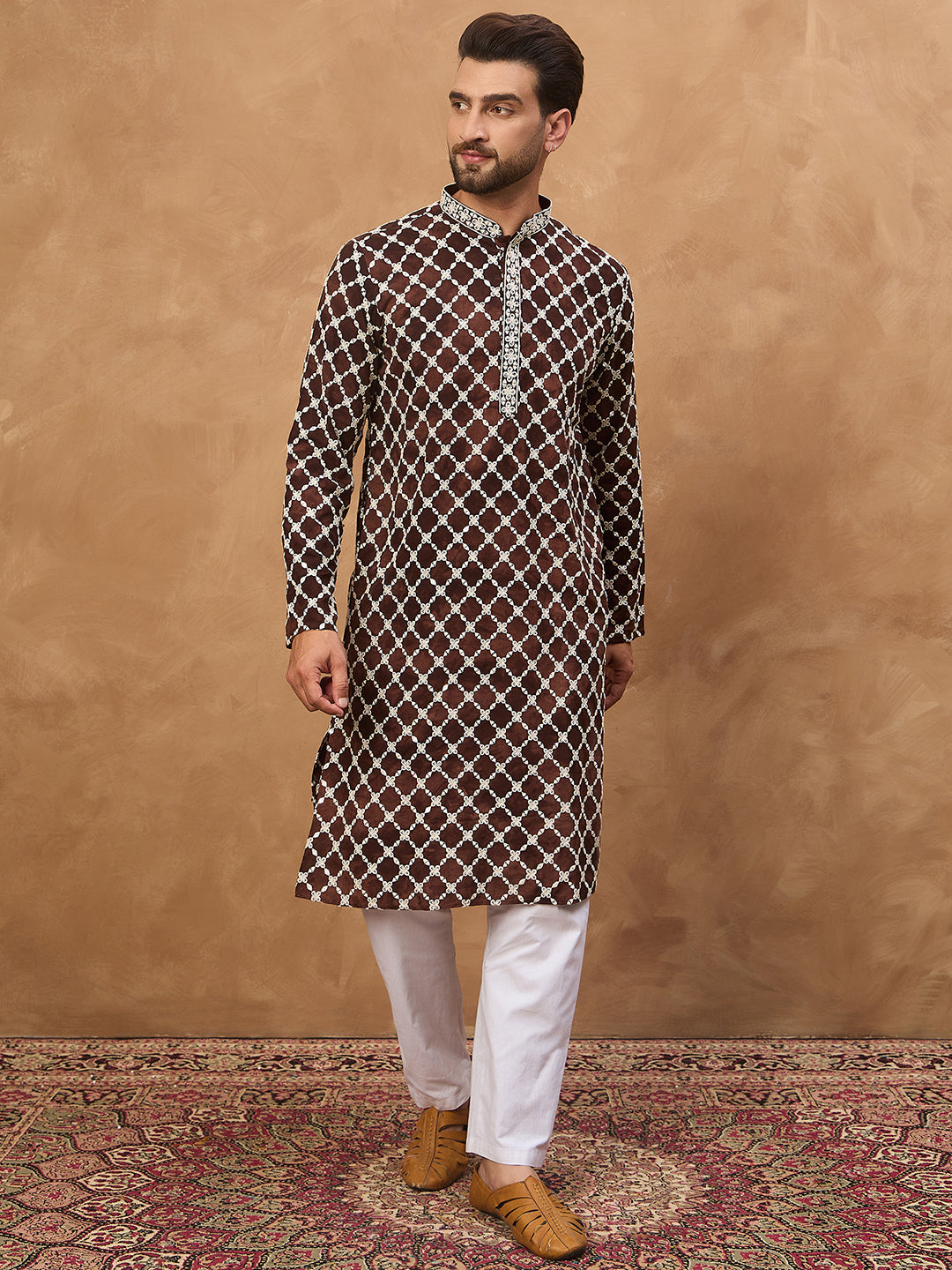 Ethnic Bay Men Brown Viscose Rayon Solid Embroidered Straight Kurta-MKU1536
