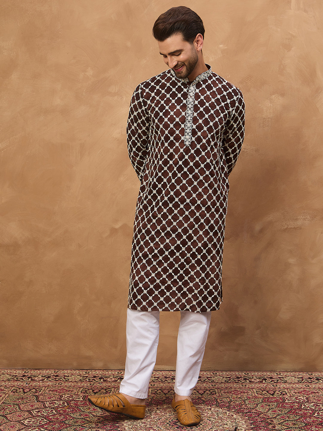 Ethnic Bay Men Brown Viscose Rayon Solid Embroidered Straight Kurta-MKU1536