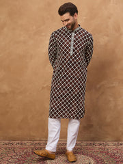Ethnic Bay Men Brown Viscose Rayon Solid Embroidered Straight Kurta-MKU1536