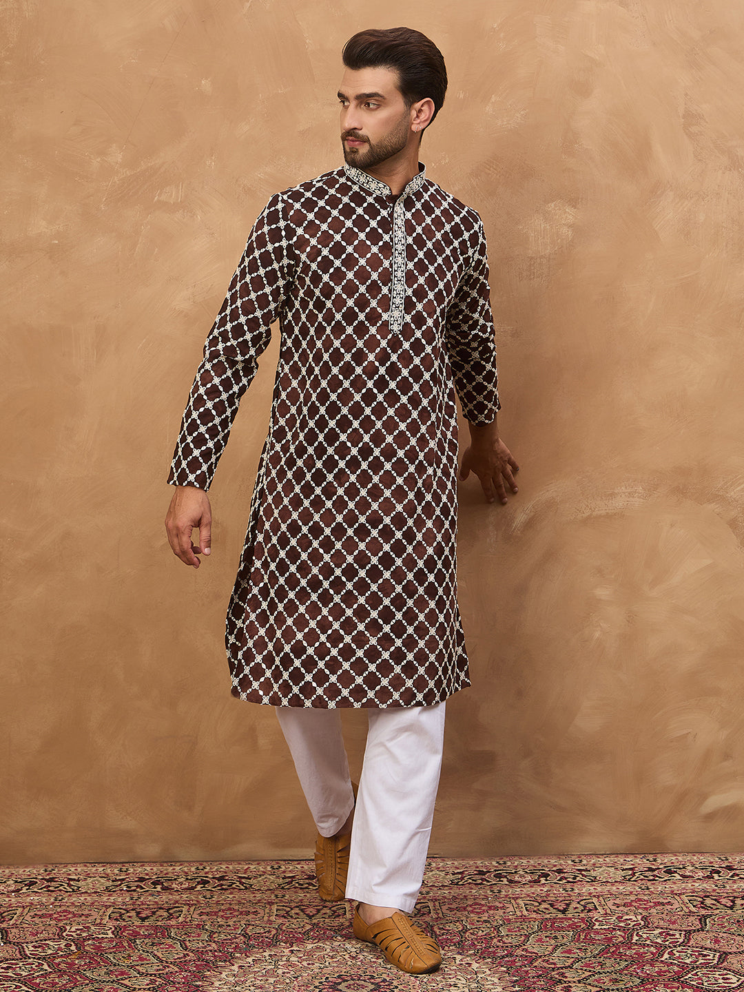 Ethnic Bay Men Brown Viscose Rayon Solid Embroidered Straight Kurta-MKU1536
