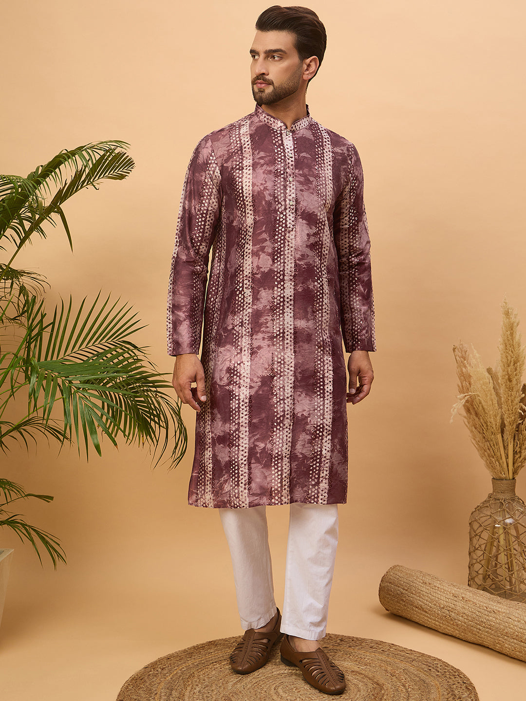Ethnic Bay Men Burgundy Silk Blend Shibori Embroidered Straight Kurta-MKU1537