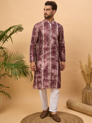 Ethnic Bay Men Burgundy Silk Blend Shibori Embroidered Straight Kurta-MKU1537